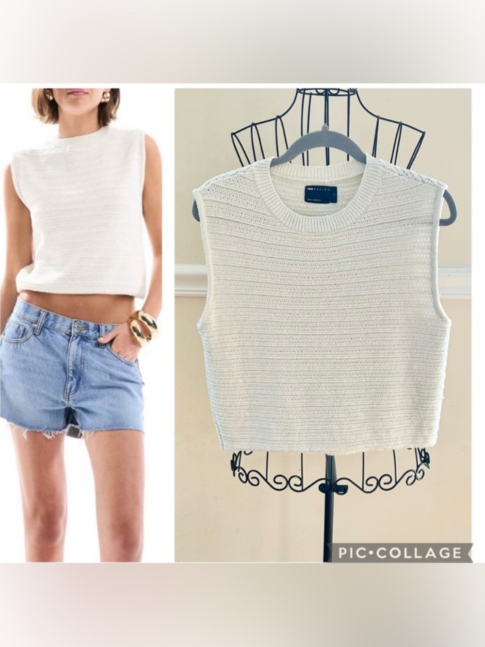 ASOS Ivory Crew Neck Sleeveless Sweater with Textured Knit